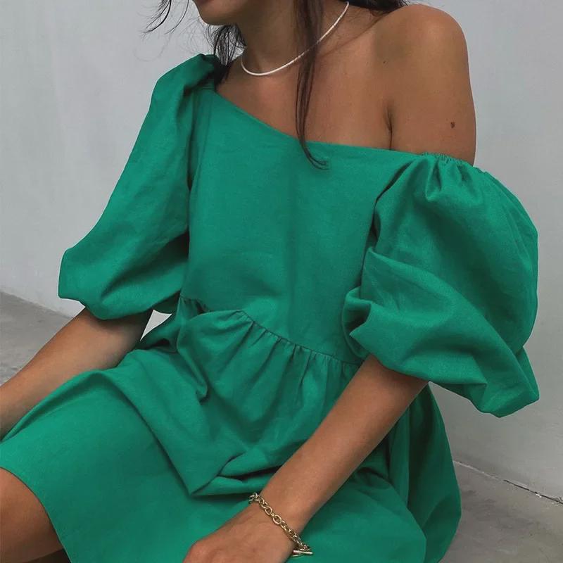 Miniabito a maniche a sbuffo monocolore: Monospalla con Scollo Quadrato e Sette Colori Primavera/Estate