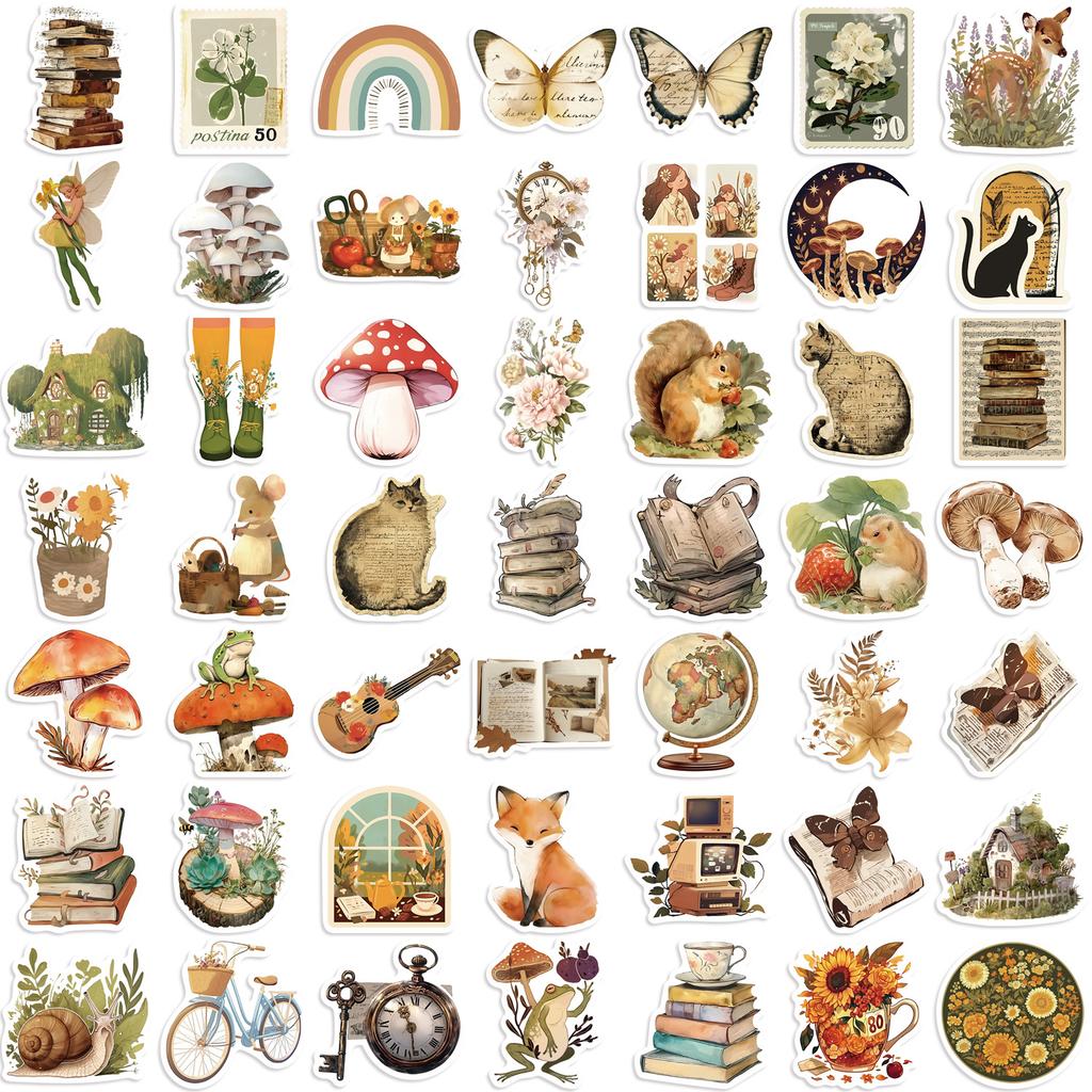 50pcs Vintage Animal Flower PVC Sticker Aesthetic Children's Stationery DIY Decoration Scrapbooking School Supplies