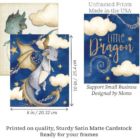 Silly Goose Gifts Let Him Sleep - Dragon Themed Wall Art Prints (Set of 4) Hanging Picture Nursery Kids Room Decor 8x10in