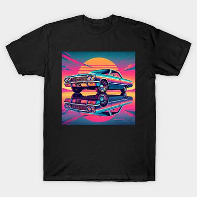 Asian Size Men Black Print T-shirt 64 Impala Sunset No-Cut Heat Transfer Print Cotton Tshirt
