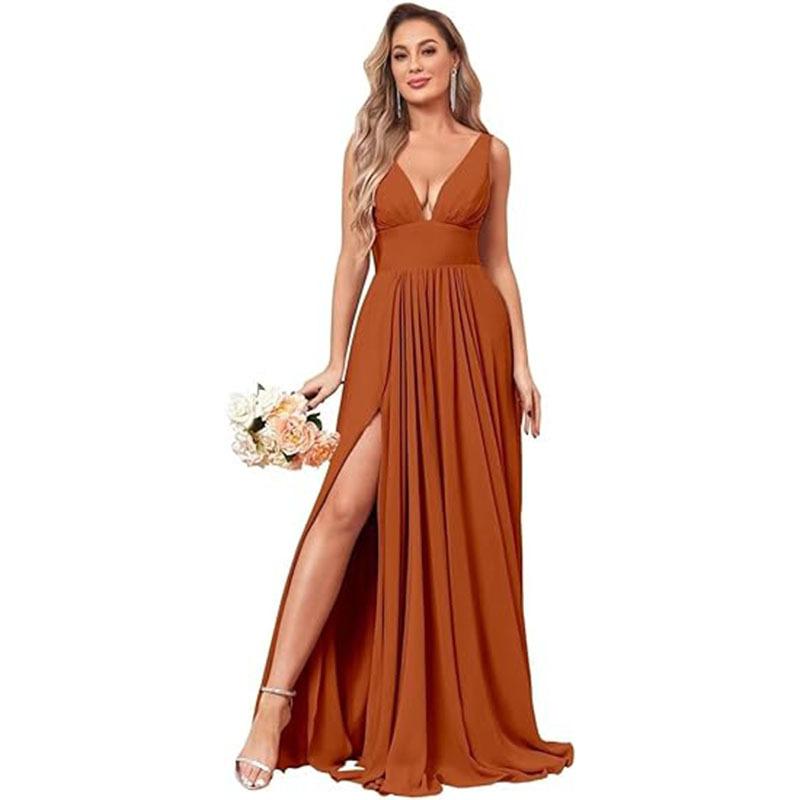 Evening dress summer new deep V-neck split fork long chiffon bridesmaid pleated formal ball dress