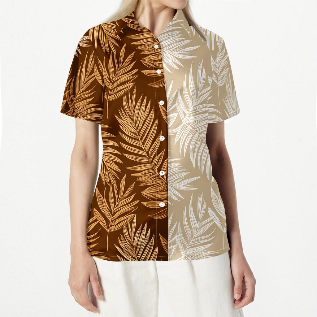 Women's fashionable casual Hawaiian print short-sleeved button-down collar shirt top