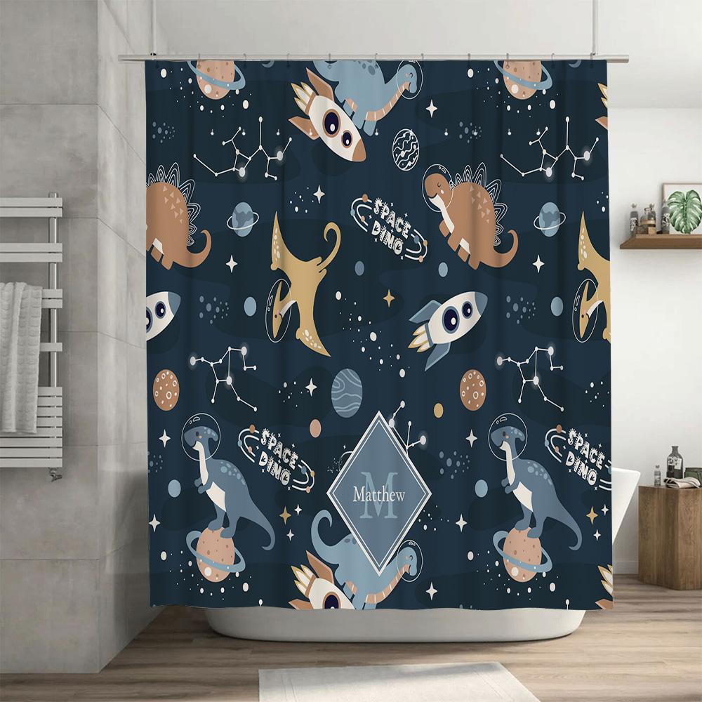 Unique Space Dino Blue Shower Curtain Personalized for Kids Bathroom Decor Customizable Design for Home Decoration in Bath Linen