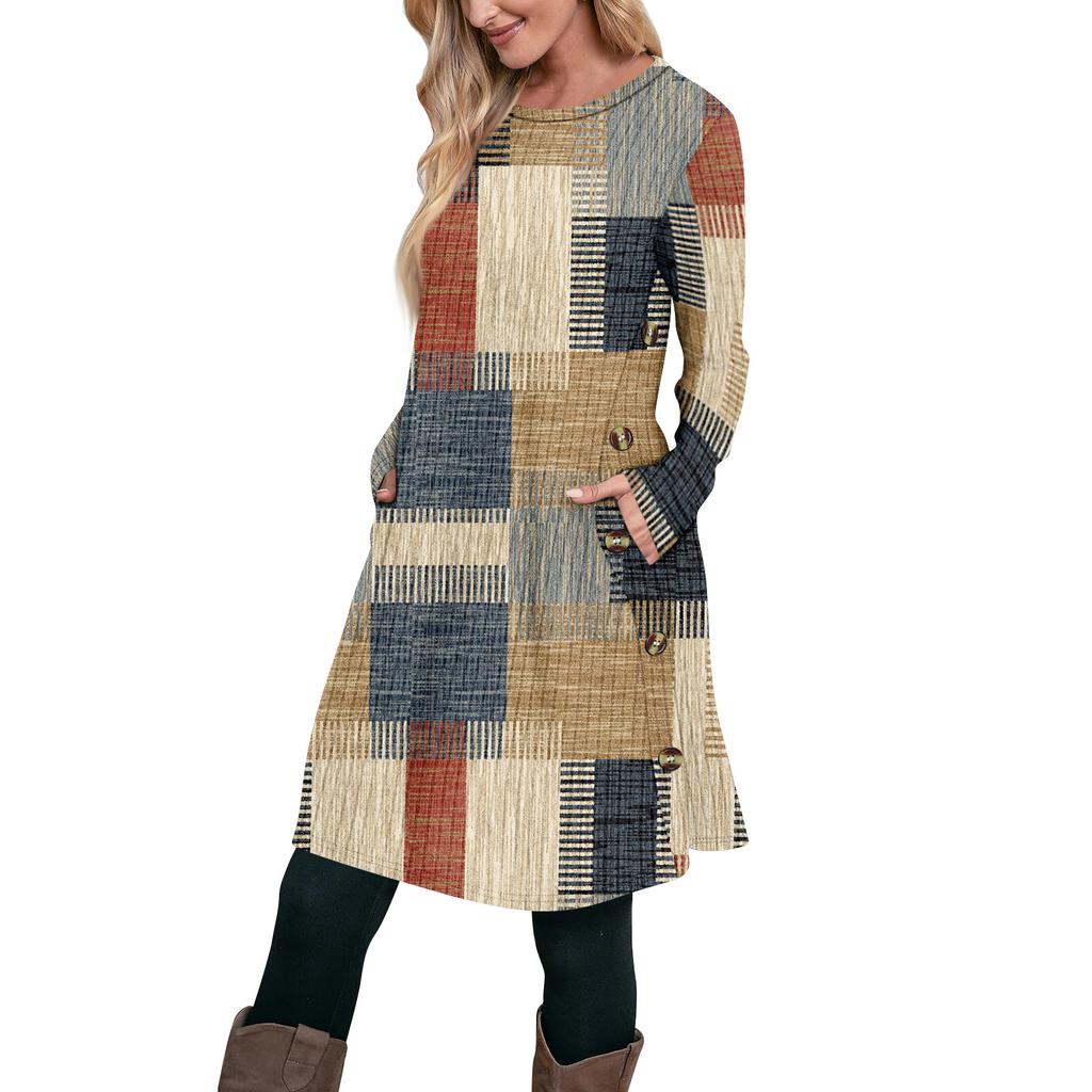 Women's Fashion Casual Long SleeveTunic Dress With Pockets Side Button Dress