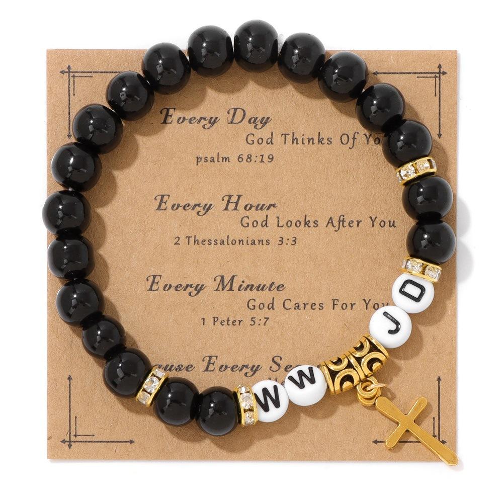 JYL TS Bracelet WWJD Cross Literary Style Boosts Faith & Moral Strength Black Onyx Card Packaging ализарин красный