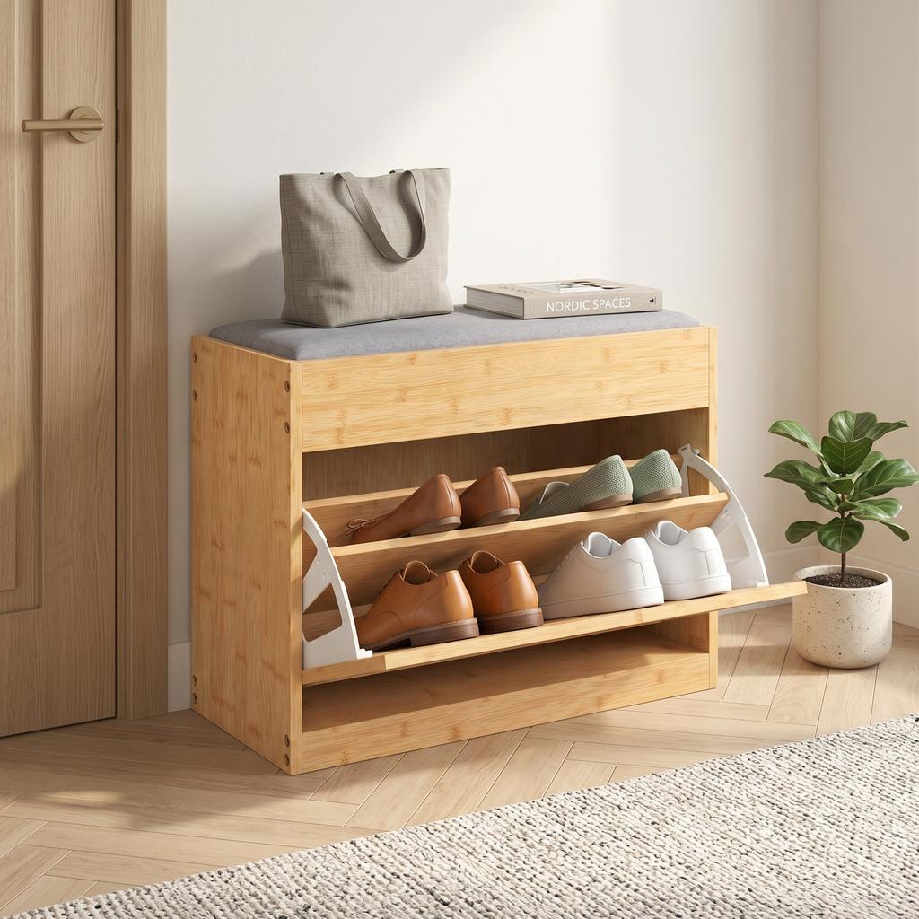 Entry Shoe Bench Bamboo Storage Bench With Cushioned Seat Rattan Door And Adjustable Shelf Natural Wood