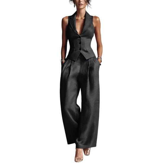 Damen Sommer 2-teilige Business Work Outfits, Ärmellose Hemdweste und Weite Hosen Passendes Set
