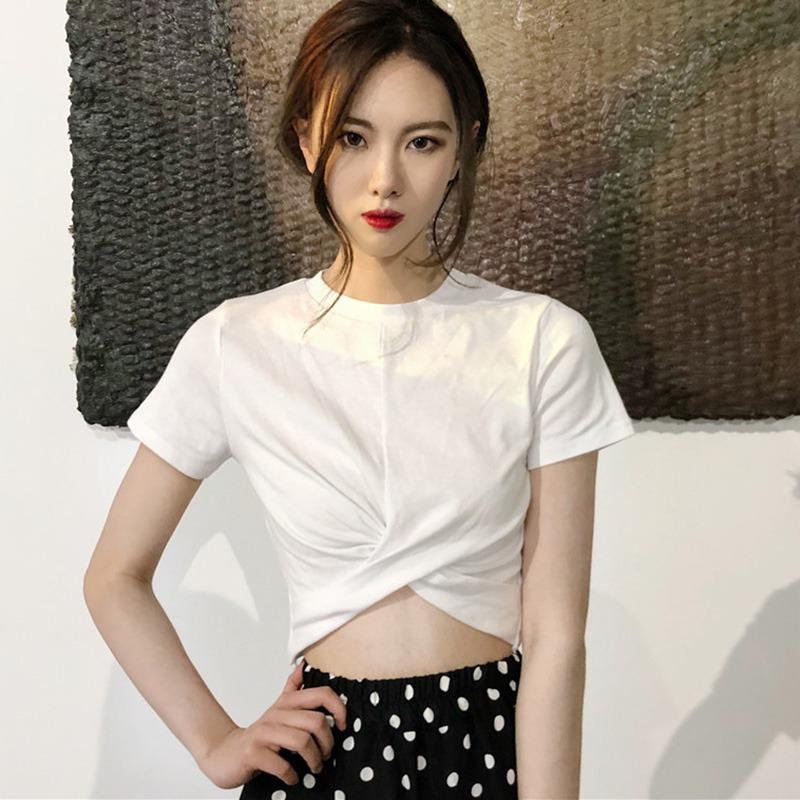 Women Casual O Neck Short Sleeve T-Shirt Summer Solid Crisscross T Shirt Top