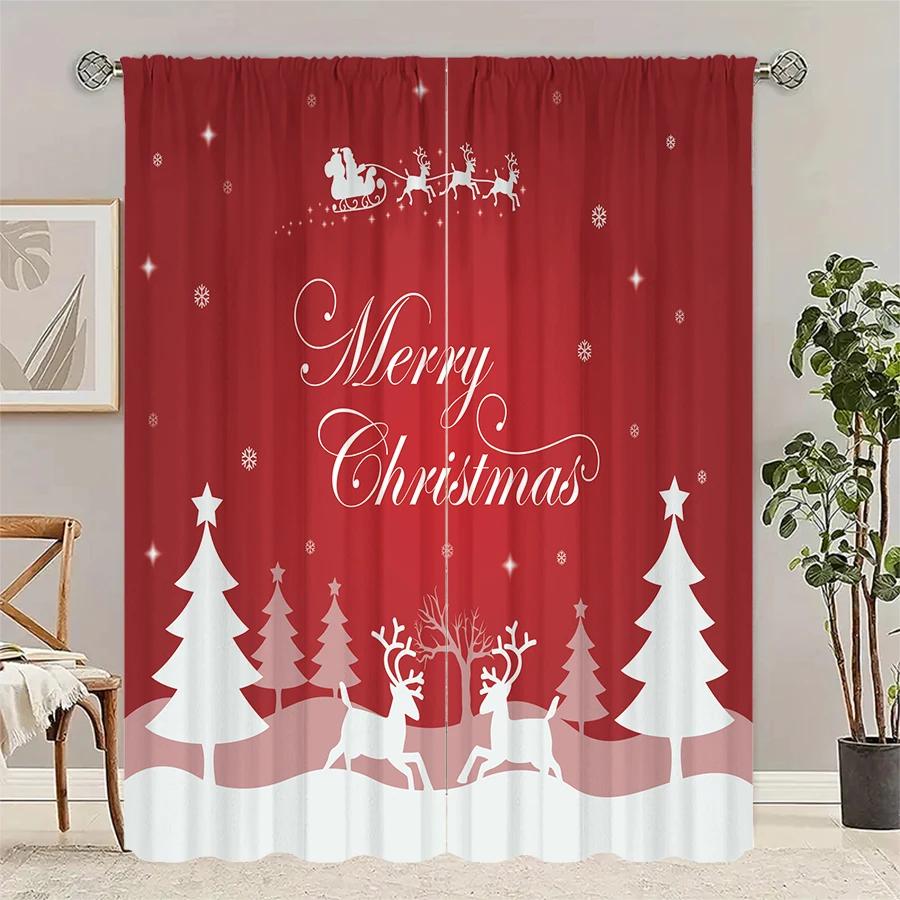 

Modern Christmas Santa Claus Tree Pattern Printed Curtains Decorations Home Room Set Of 2 Made Polyester W100*H70(CM)-Rod Pocket&1PCS