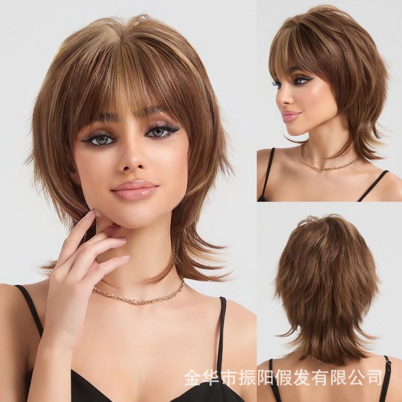 Brown Ombre Layered Pixie Cut Synthetic Wig With Air Bangs Women Heat Resistant Fiber Full Cap