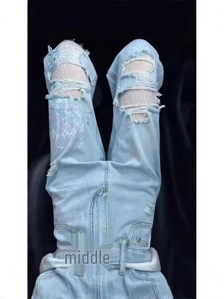 Light Blue Heavy-Duty Rhinestone Ripped Women's Jeans - 2026 Summer Loose Lace Design