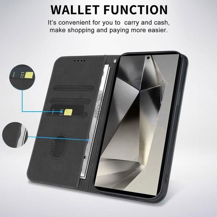 Coque avec 2 Verres Trempés pour Samsung Galaxy S24 Ultra, Protection Magnétique Cuir PU Noir Motif Mosaïque