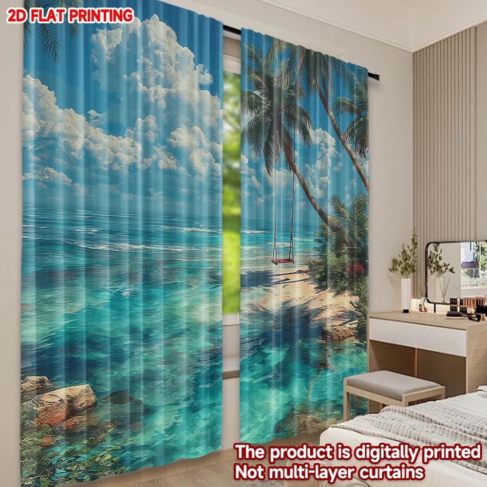 Set Of 2 Digital Print Sea Beach View Curtains Coastal Landscape Window Drapes Living Room Bedroom Home Decor Non Woven Curtain Polyester Perfect For