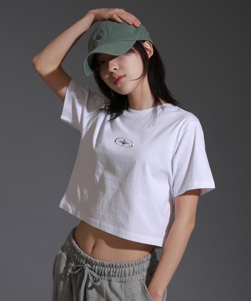 LIKE THE MOST Women'S Small Silver Star Regular Crop Short Sleeve T-Shirt_White