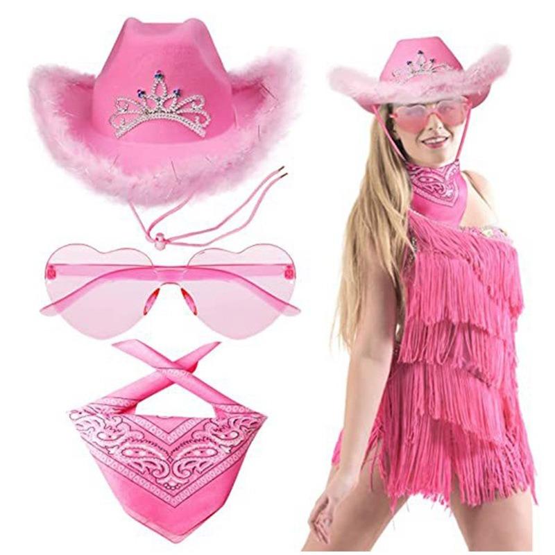 Feather Edge Letter Cowboy Hat Sequins Pink Western Rough Edge Cowboy Hat Glasses Square Towel Three-piece Set