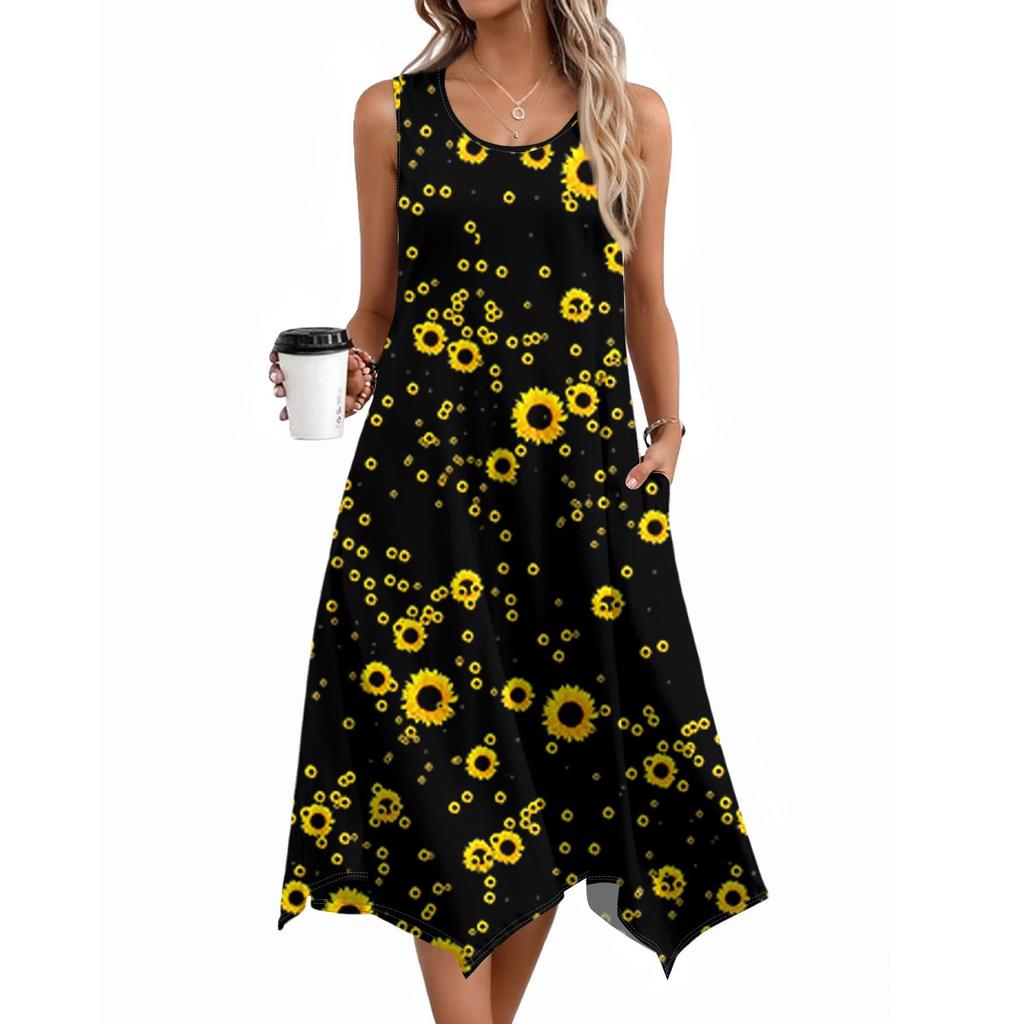 Damen Lässige Ärmellose Sommerkleider Frühling Rundhals Patchwork Boho Floral Rüschen Cocktailparty Midi-Kleid