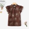 ZANZEA Womens Casual Round Neck Ruffles Short Sleeve Loose Print Blouse