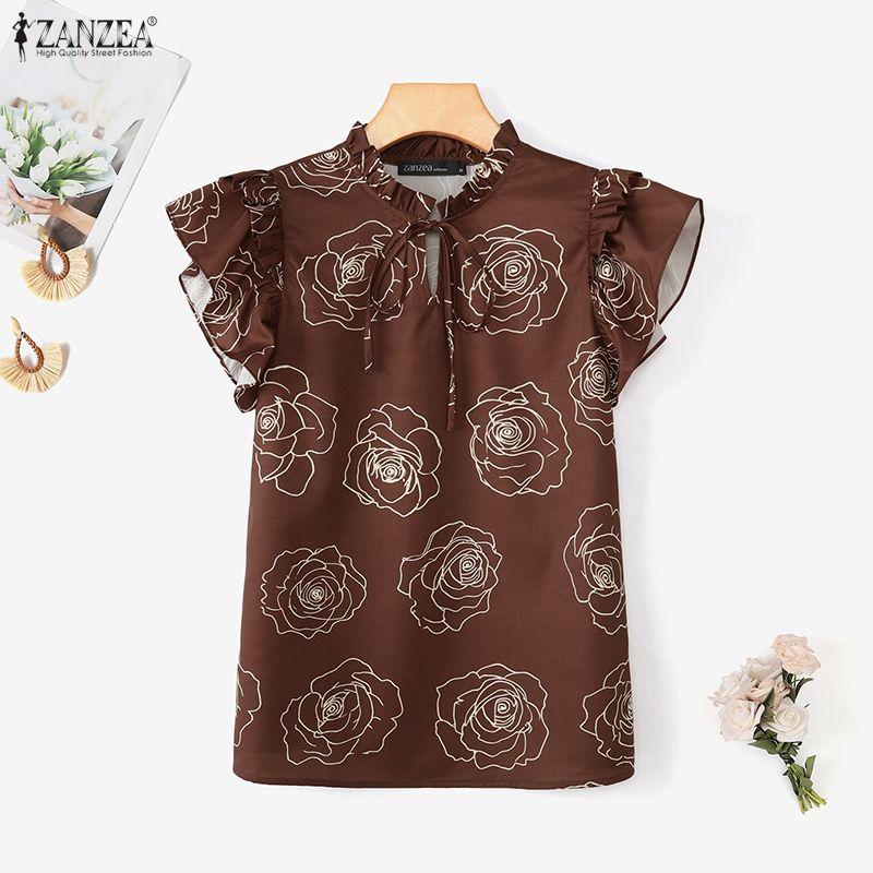 ZANZEA Womens Casual Round Neck Ruffles Short Sleeve Loose Print Blouse