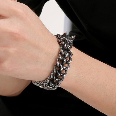 Cool Punk Wolf Head Bracelet for Men Vintage 18MM Width Keel Link Chain Bracelets Men's Stainless Steel Viking Animal Jewelry