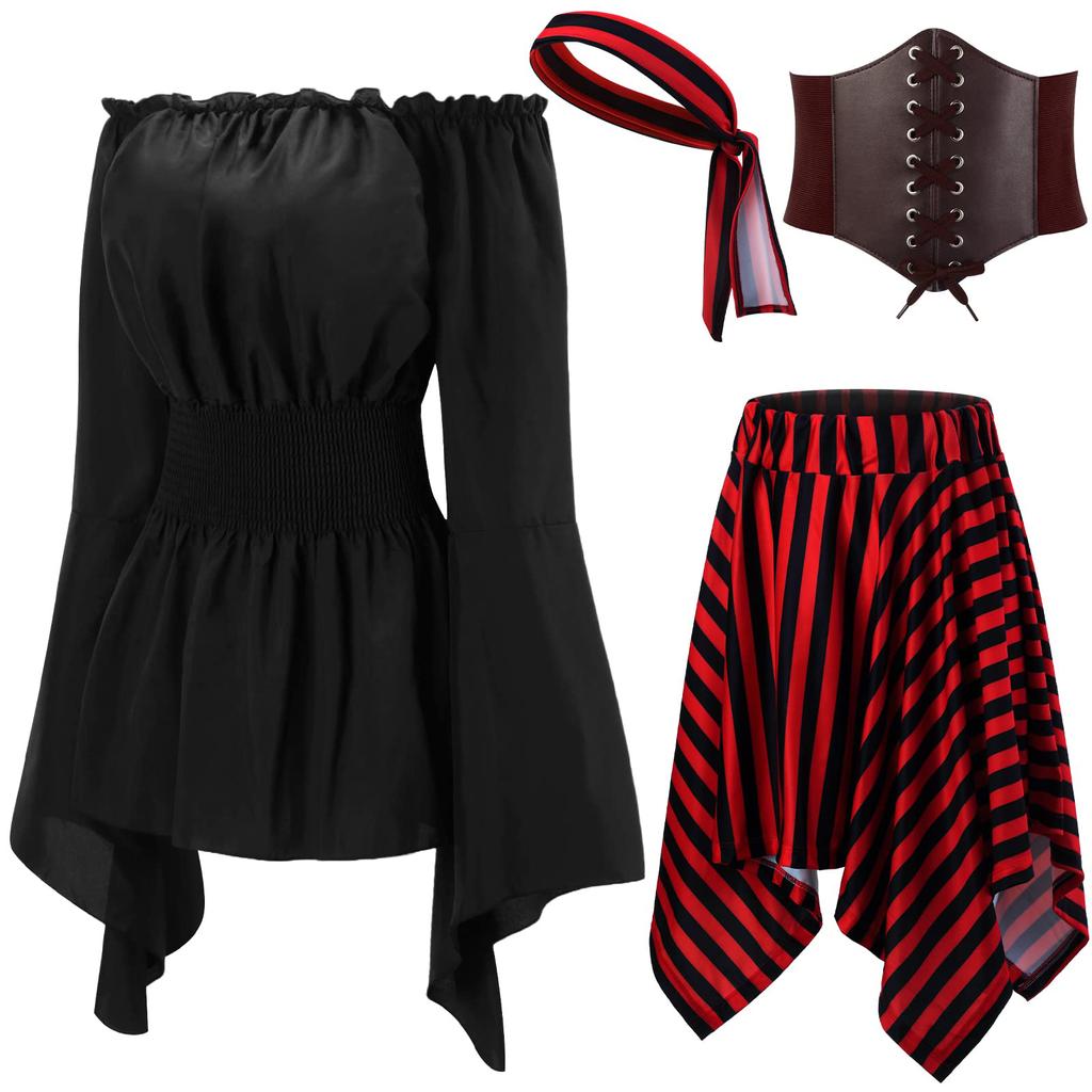 Women's Pirate Suit, Top, Tight Corset, Headband, Skirt, Carnival Costume, Pleated Dress