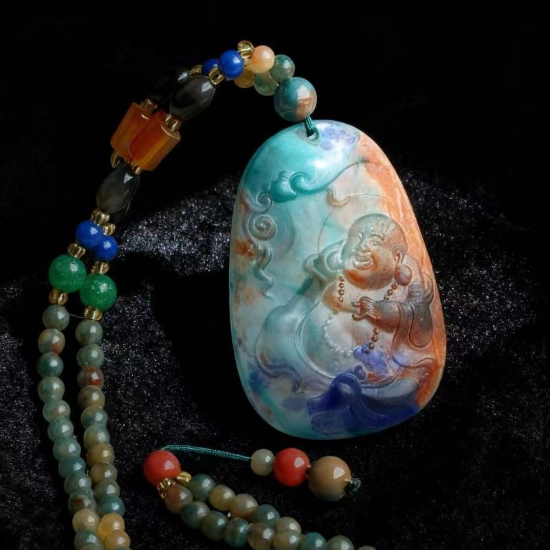 Versatile Rainbow Spotted Stone Carved Necklace Pendant Fortune Dragon Plaque Sweater Chain Fashion Jewelry Mother'S Day Gift