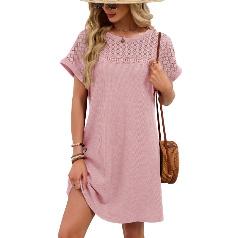 Spring/Summer Lace Splicing Loose Short Sleeve Dress New Solid Color Sweet A-line Dresses Round Neck Elegant Solid Color Casual Simple Party Clothing