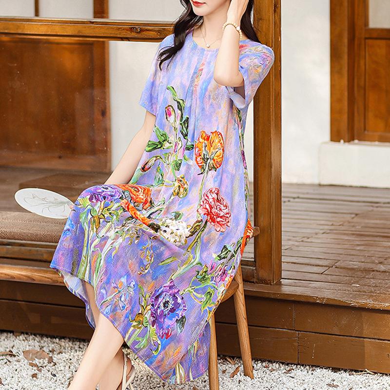 Zomer elegante lange jurken voor dames plus maat losse damesjurk met korte mouwen en vintage print