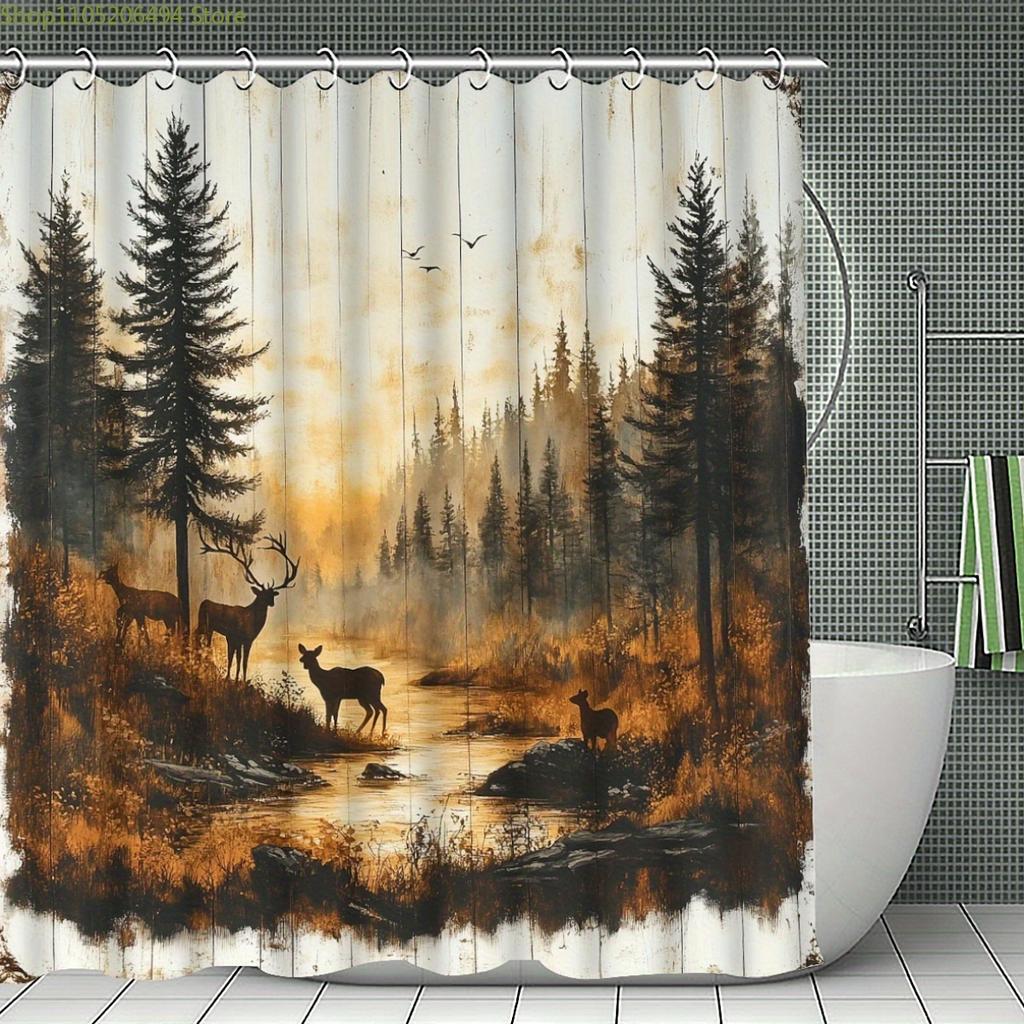 1/3/4pcs Stream Reindeer Pattern Shower Curtain Set, Bathroom Set, Toilet Seat, Includes And Non-Slip, with 12 Plastic Hooks,