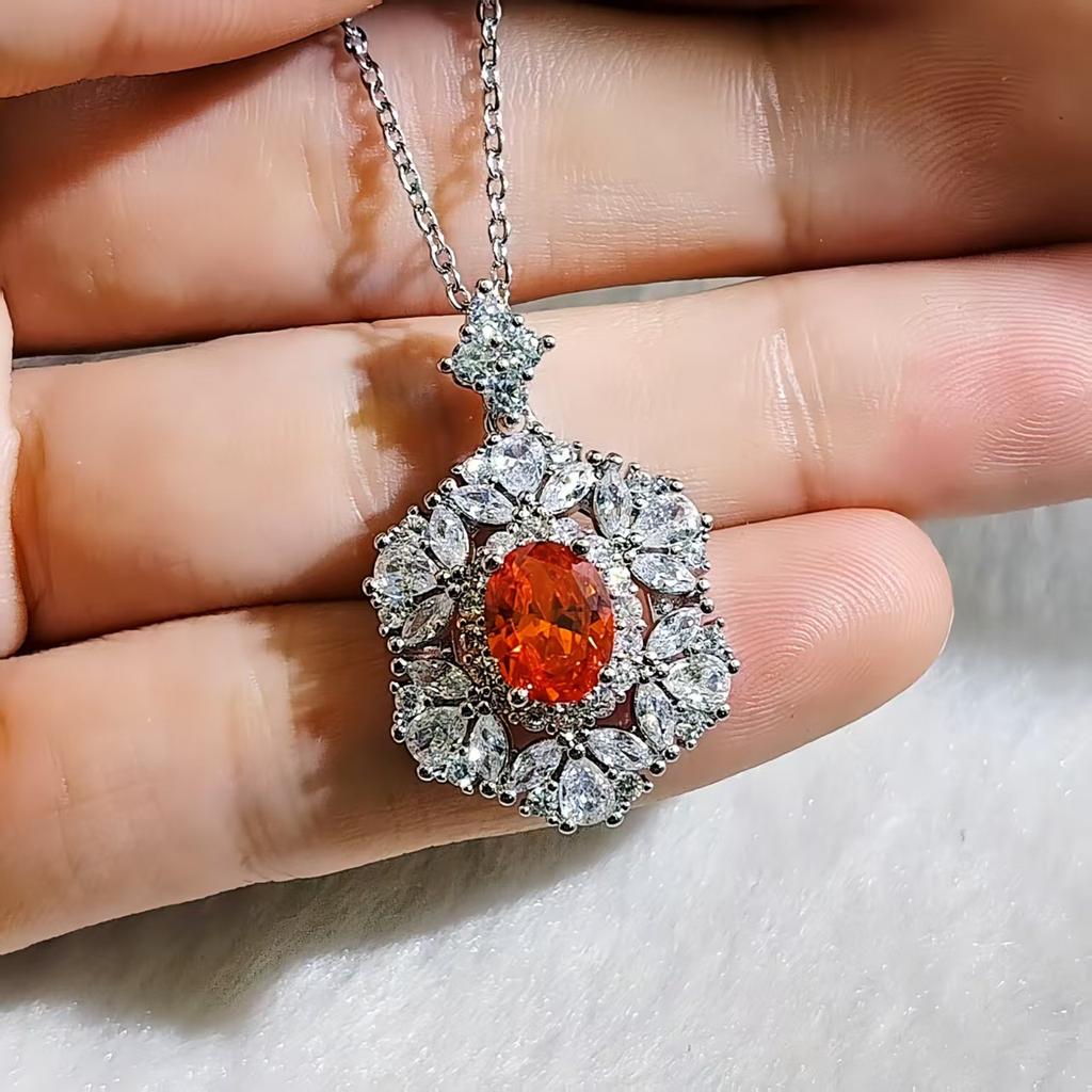 Exaggerated Heavy Industry Brilliant Pink Purple Diamond Pendant Necklace Colored Treasure Elegant High-end Sense Full of Diamond Light Luxury Chain