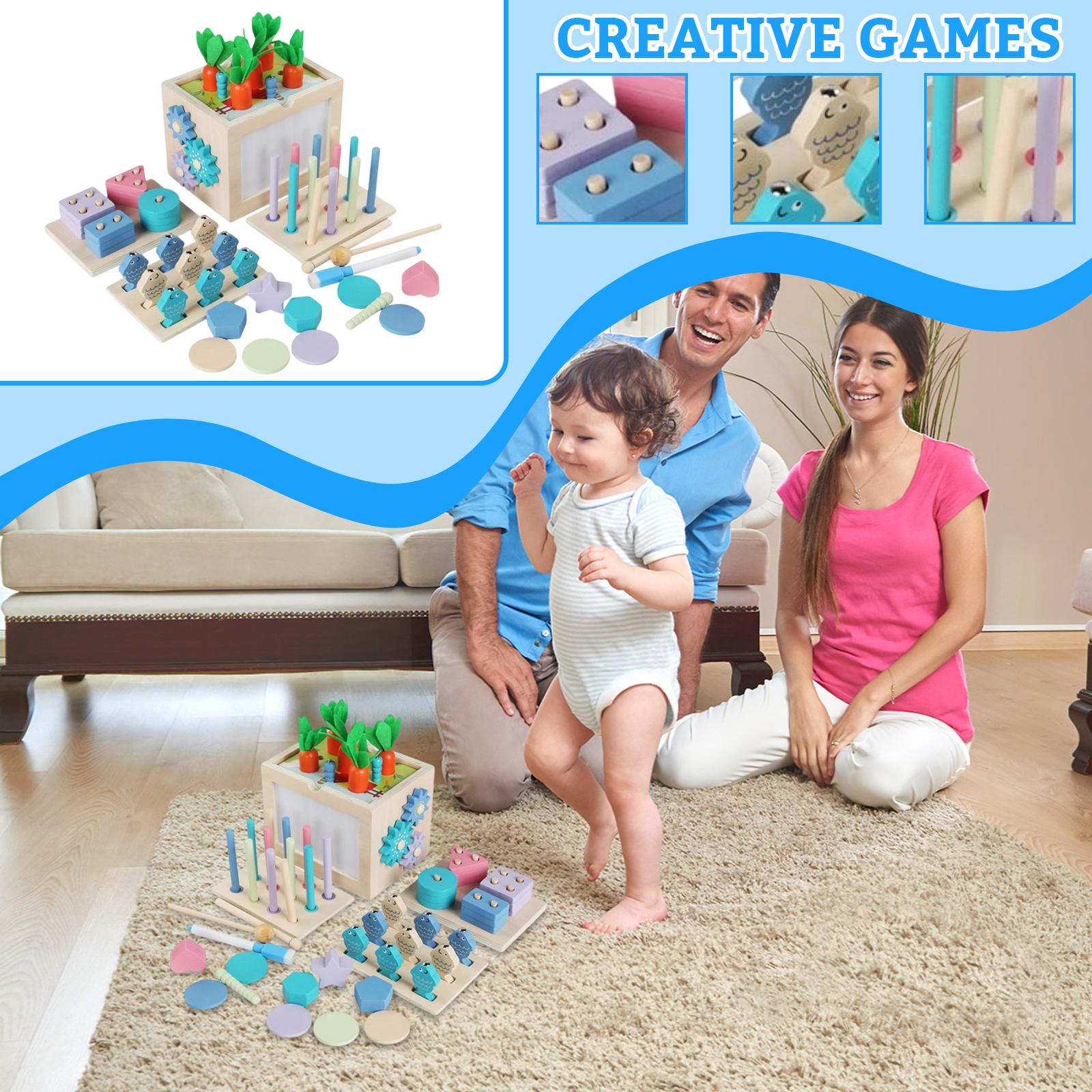 Multifunctional Learning Box For Kids – Shape & Color Matching Toy With Carrot Pulling, Fishing, And Peg Wooden Games One Size