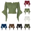 Women Vintage Off Shoulder Blouse Tie Front Mid Sleeve Casual Top Elastic Waist Ruffle Hem Shirt