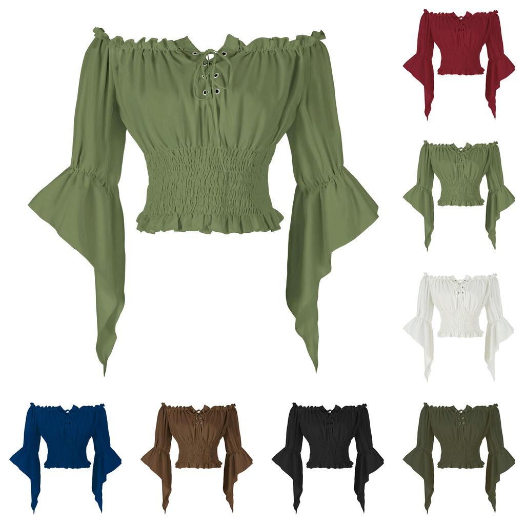Women Vintage Off Shoulder Blouse Tie Front Mid Sleeve Casual Top Elastic Waist Ruffle Hem Shirt