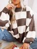 Women's Checked Knit Sweater, Round Neck Long Sleeve Relaxed Fit Pullover