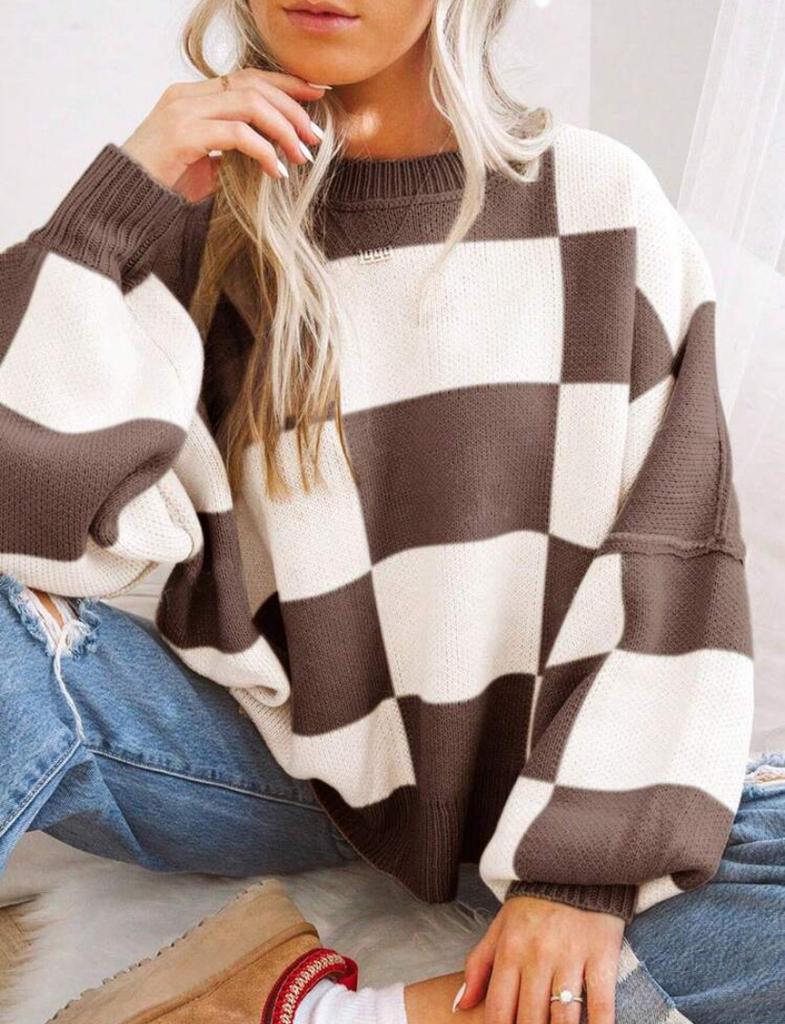 Women's Checked Knit Sweater, Round Neck Long Sleeve Relaxed Fit Pullover