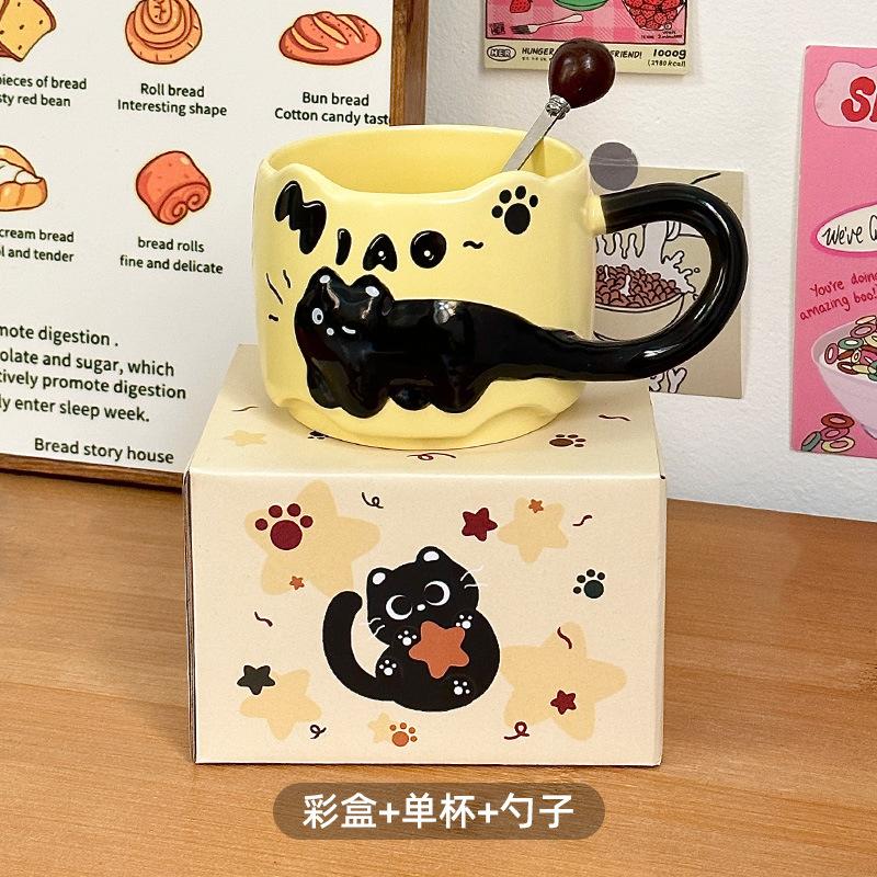 Cute Cat Stackable Ceramic Mug, Couple Coffee Cup for Home and Office, Creative Cat Drinking Cup Gift for Women