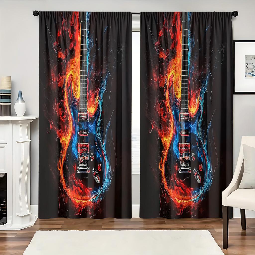 Flame Guitar Hd Print Polyester Curtains Pocket Rod Top Bedroom Living Room Office All Season Art Home Decor Made Of Window Treatment
