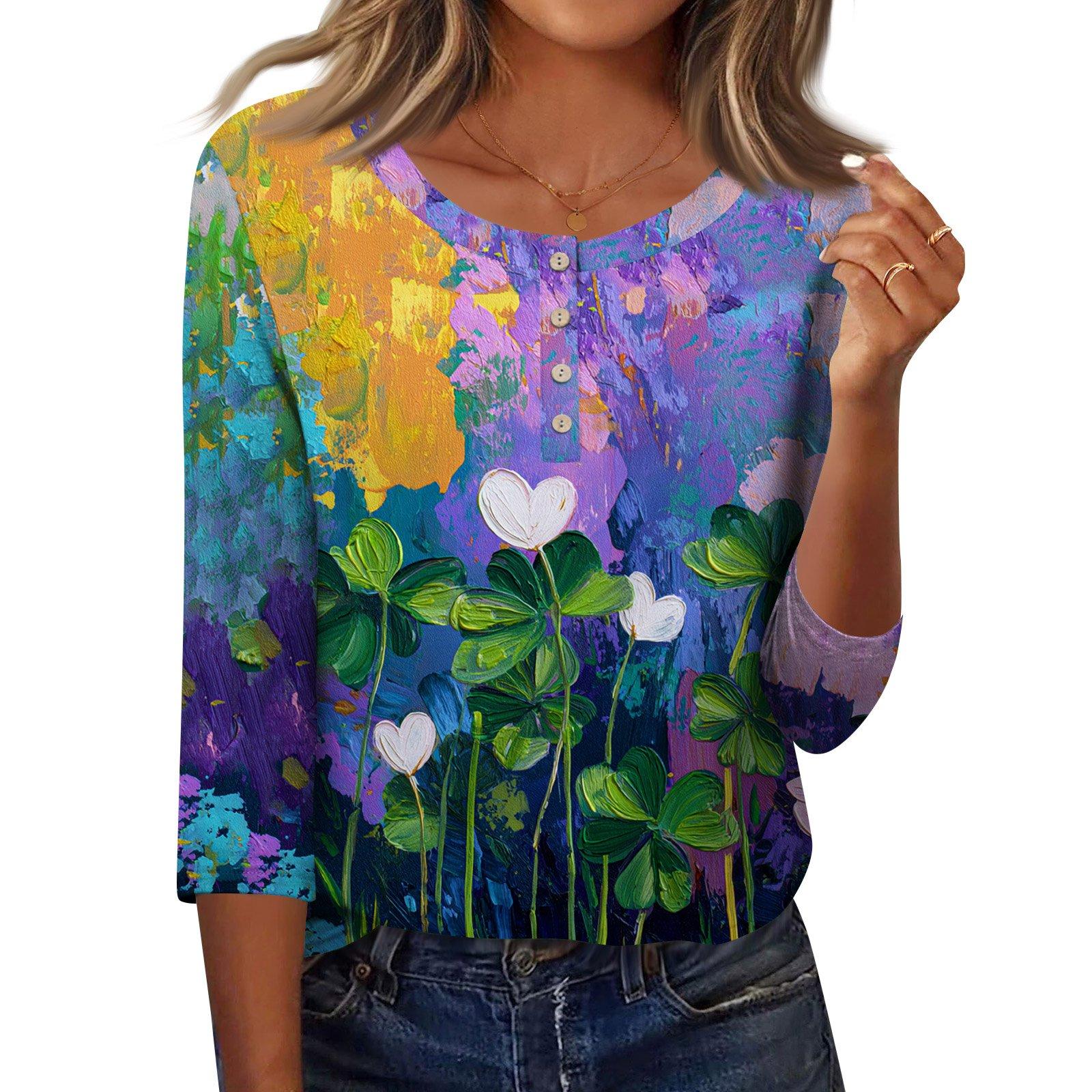 

3/4 Sleeves Shirts For Women Button Down Shirt Top For Women Half Button Down Print Graphic Blouse M фиолетовый