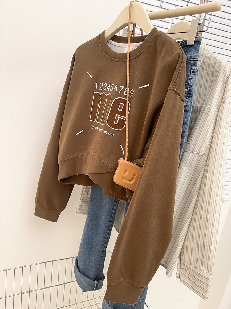 Large American Print Round Neck Pullover: Belly-Covering, Casual, Versatile Long Sleeve Cropped Sweater
