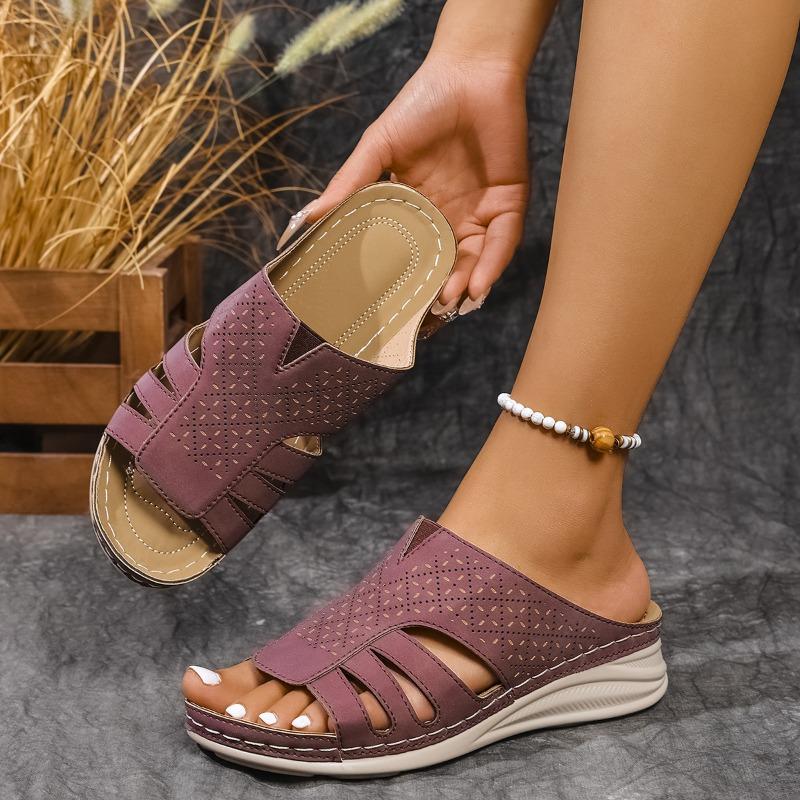 Damen T-Riemen Keilsandalen, Dicke Sohle mit Ziernähten und Hohldesign, Sommerliche Freizeit-Slipper, Weite Größe