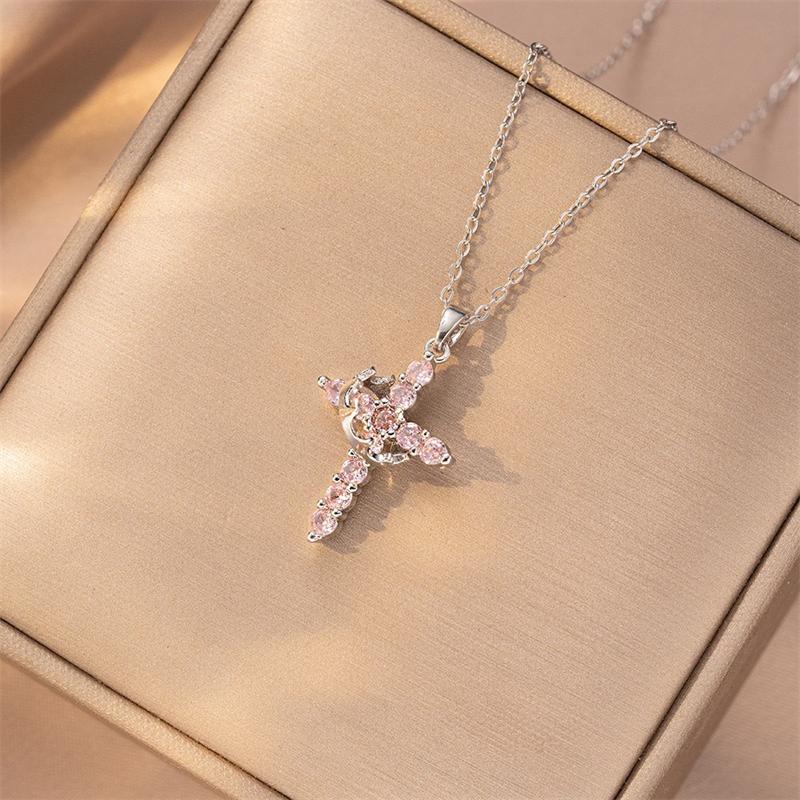 Exquisite Pink Rhinestone Cross Choker Necklace for Women Men Rotatable Crown Rhinestone Cross Necklace Jewelry Prayer Gift