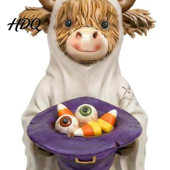 Gothic Animal Statue 3Pcs Halloween Ghost Highland Cow Figurines Resin Yak Statues with Pumpkin Farmhouse