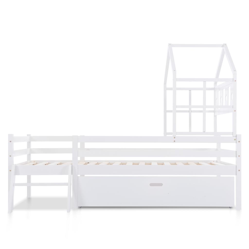 House Bed Children's Bed with Ladder and Drawers, incl. Slatted Frame, Solid Wood Loft Bed with Fall Protection 90x200cm White (without Mattress)