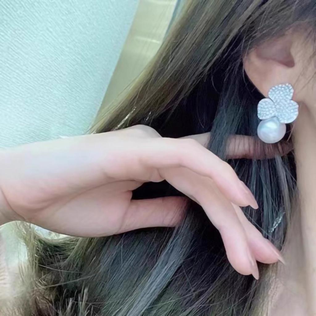 Three Leaf Clover Full Paved Zircon Imitation Pearl Stud Earrings