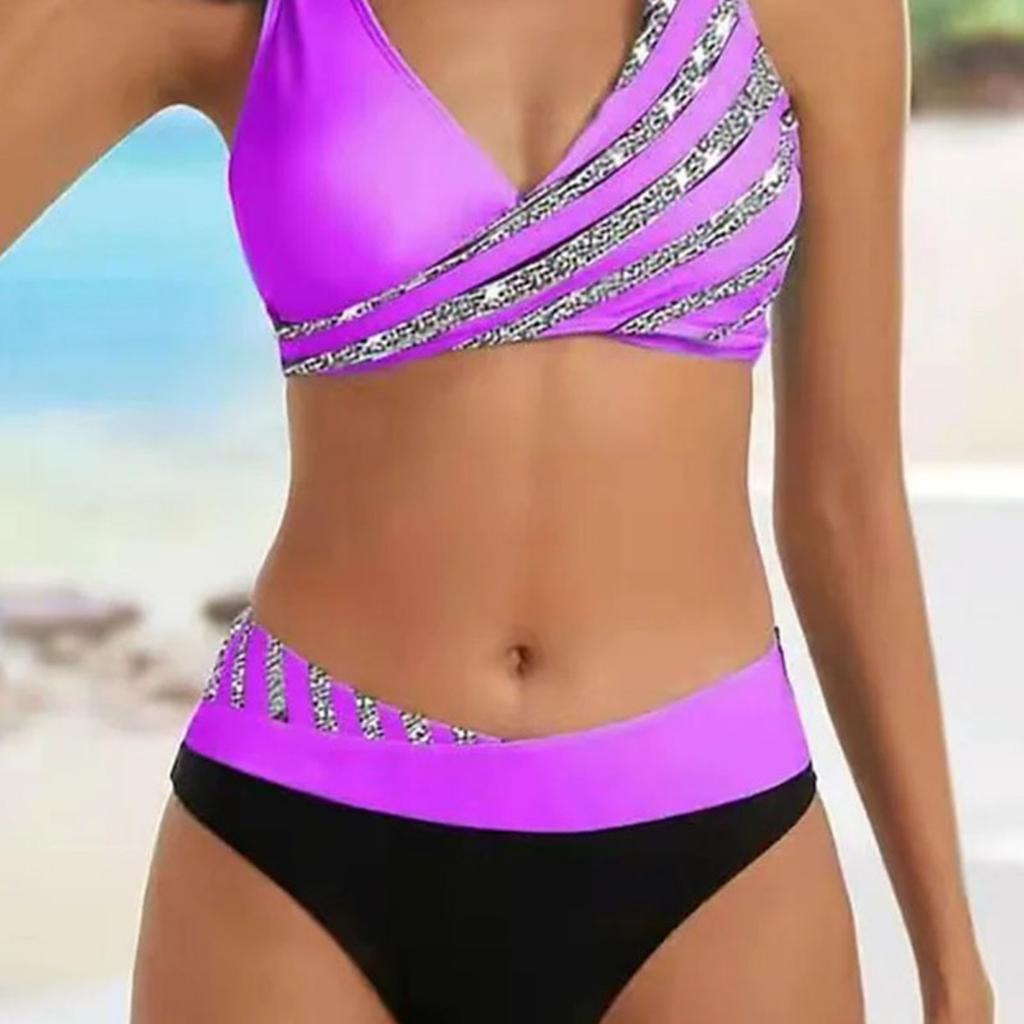 Set Bikini la Modă cu Imprimeu în Dungi, Costum de Baie Sexy din Două Piese, Costum de Baie cu Stil Fermecător
