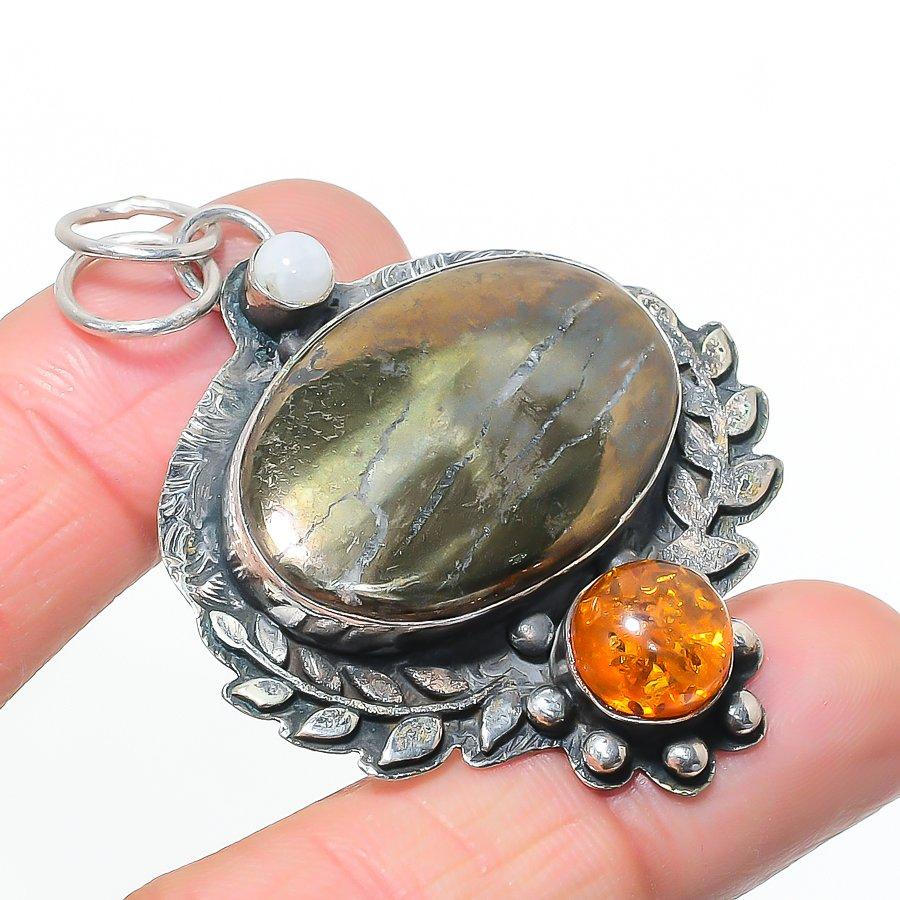 Natural Pyrite Agate, Amber 925 Sterling Silver Jewelry Pendant 2.36 AP-14529