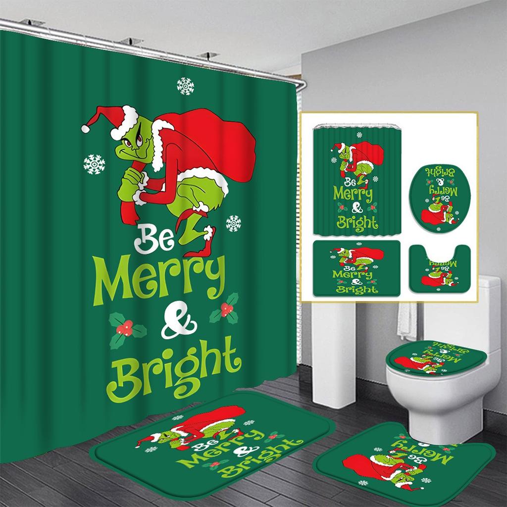 Christmas Green-Haired Pattern Shower Curtain Four-piece Set With 12 Hooks Polyester Waterproof Shower Curtain.