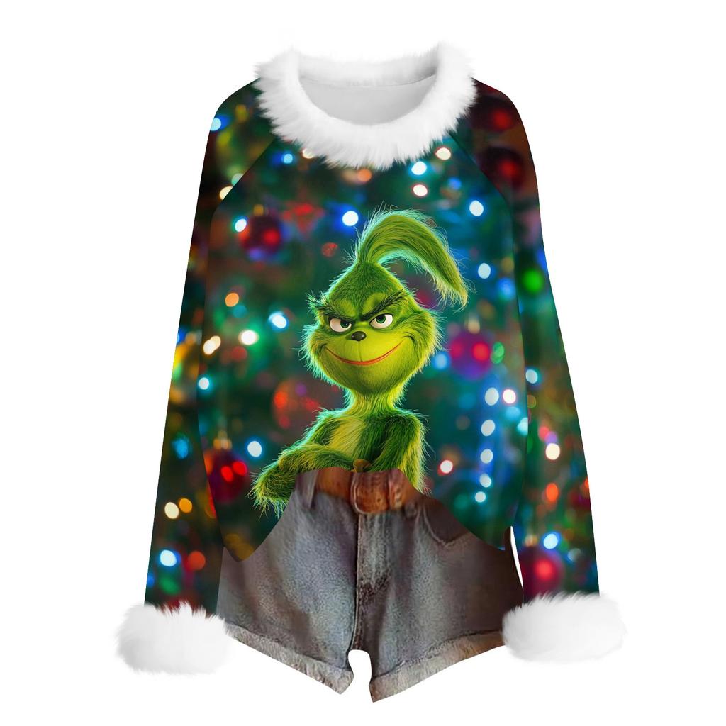 Women's Fashionable Christmas Printed Round Neck Long Sleeved Casual Pullover T-shirt Top