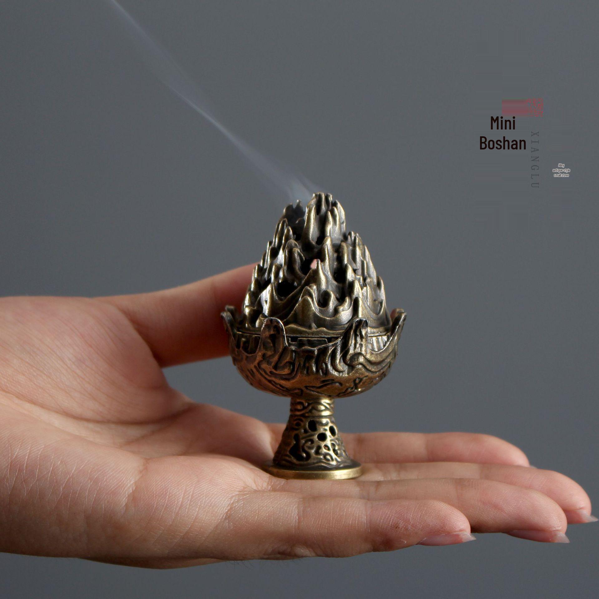 Vintage Mini Hollowed-Out Boshan Incense Burner with Tower Cones - Auspicious Cloud Design for Office and Home Decor
