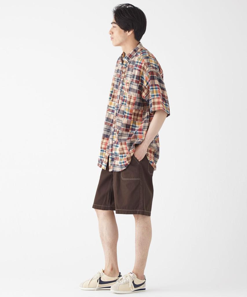 Patchwork Relaxed Short Sleeve Check Beige [CLIFFEMAYER] Shirt, Men's, Large,