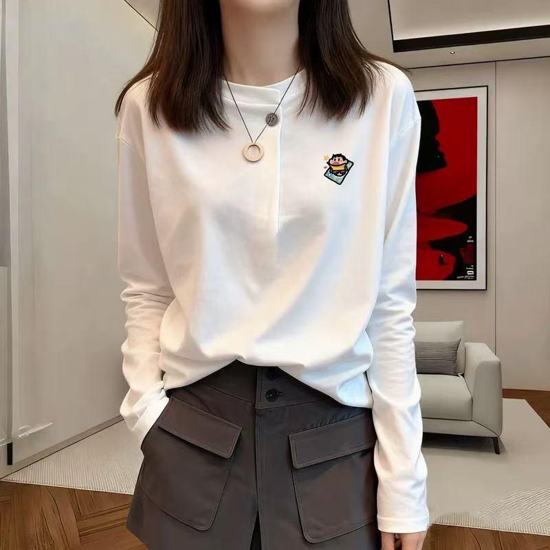 Women s White Long Sleeve T-Shirt with Button Accents & Fleece Inner Layer for Early Spring 2026 XXL